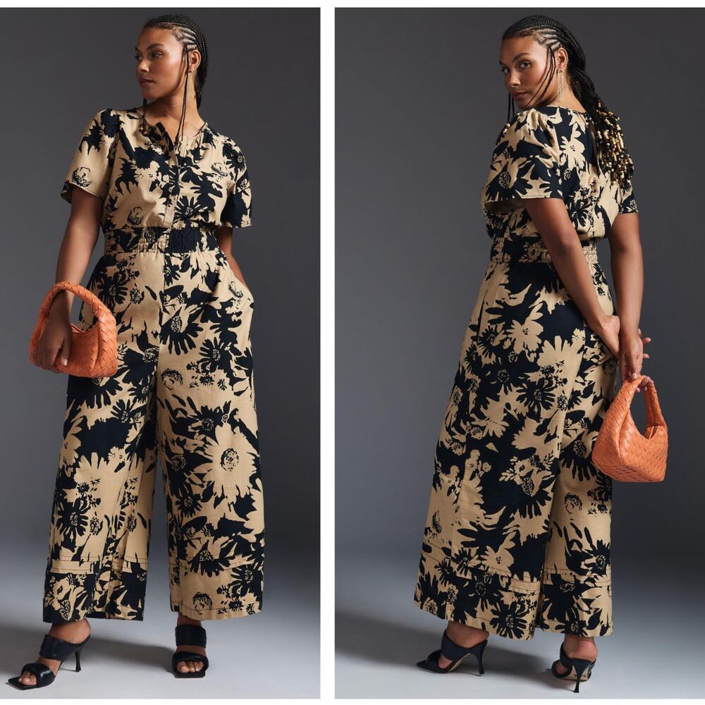 ANTHROPOLOGIE The Somerset Jumpsuit Light Sand Floral Black Tan {PP51}